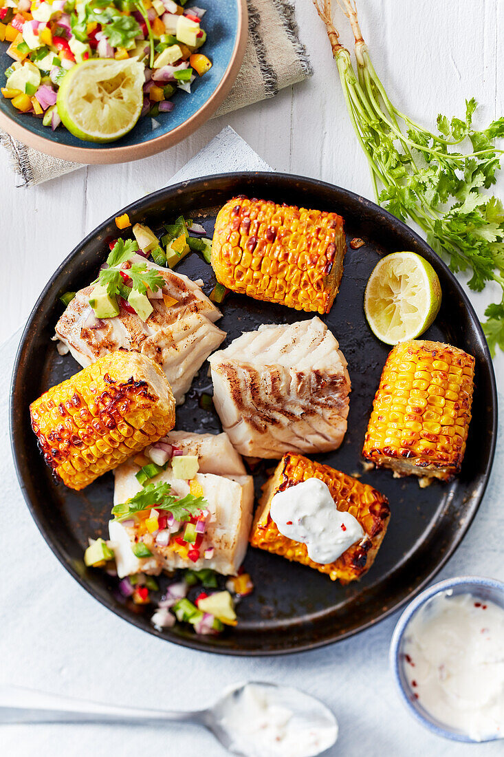 Cod with spicy salsa and corn