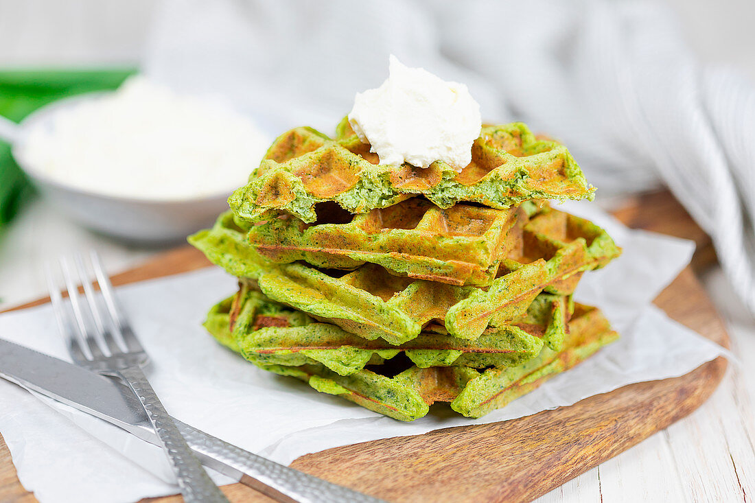 Wild garlic waffles made with konjac flour, quark and linseed (low carb)