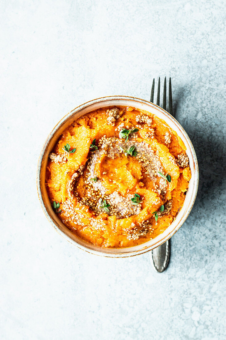 Sweet potato puree with sesame butter and thyme