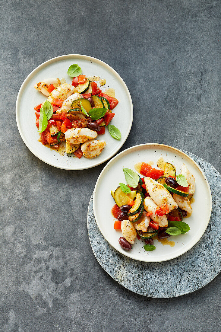 Calamari on zucchini and tomato