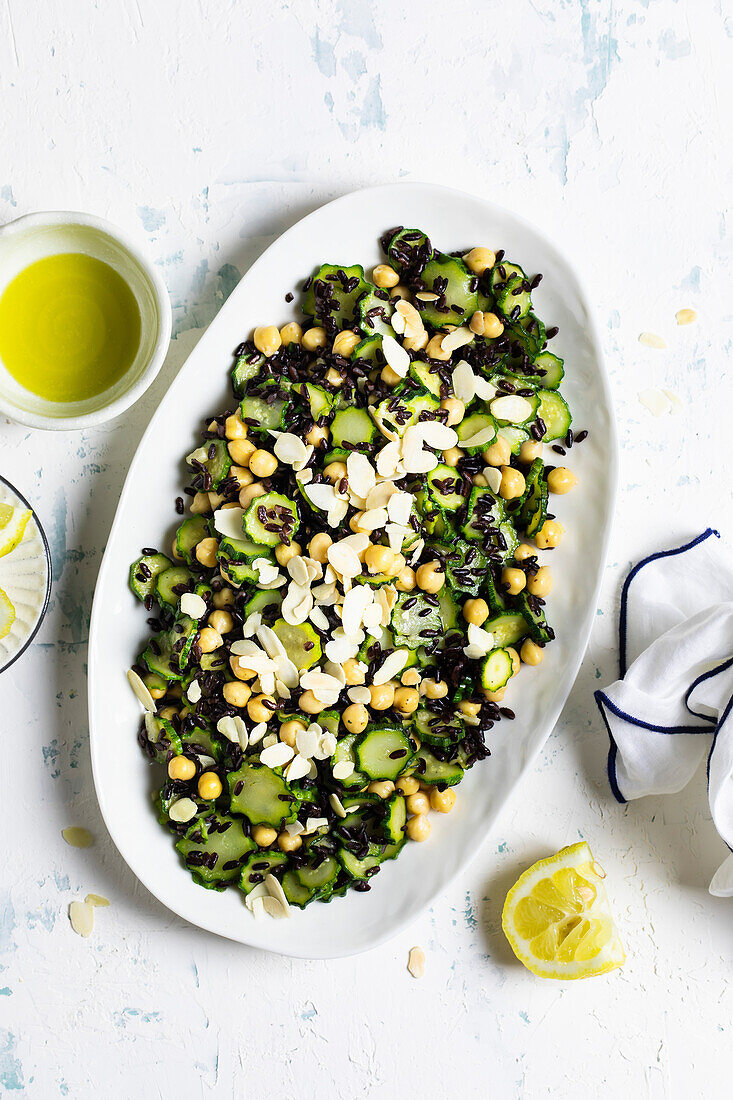 Black rice salad with zucchini and chickpeas