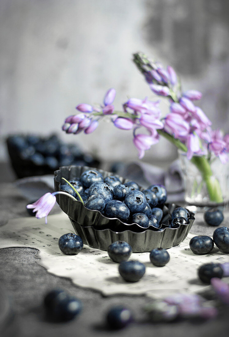 Blueberries in a baking dish and hyacinths