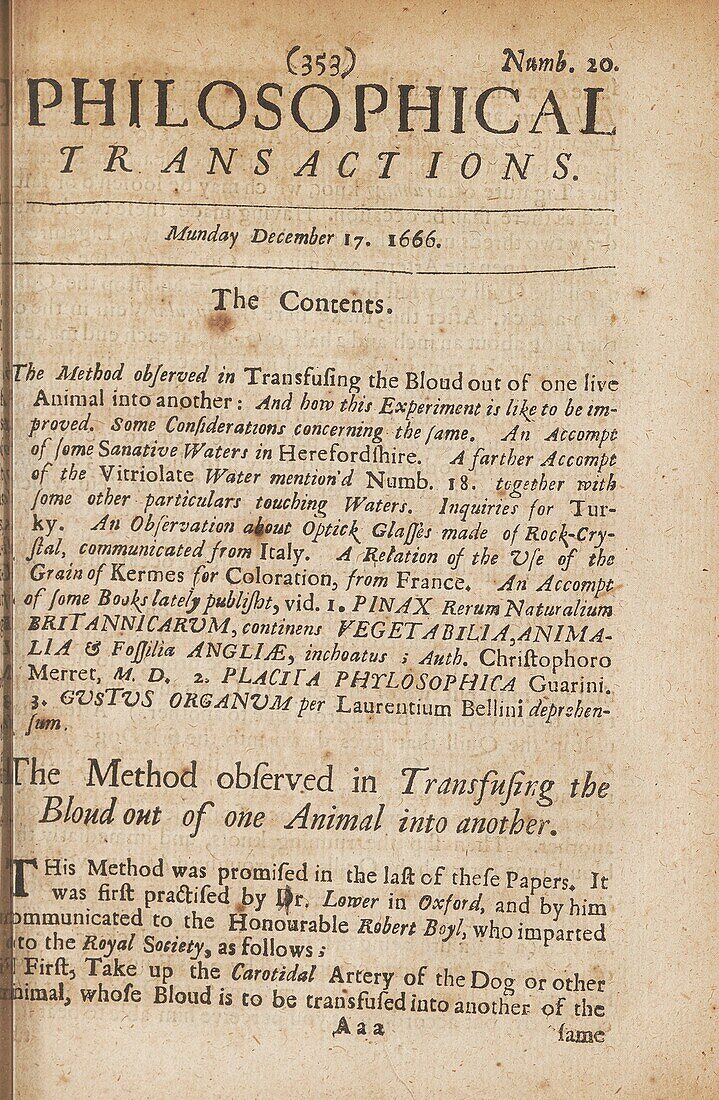 Description of first blood transfusion, 1666