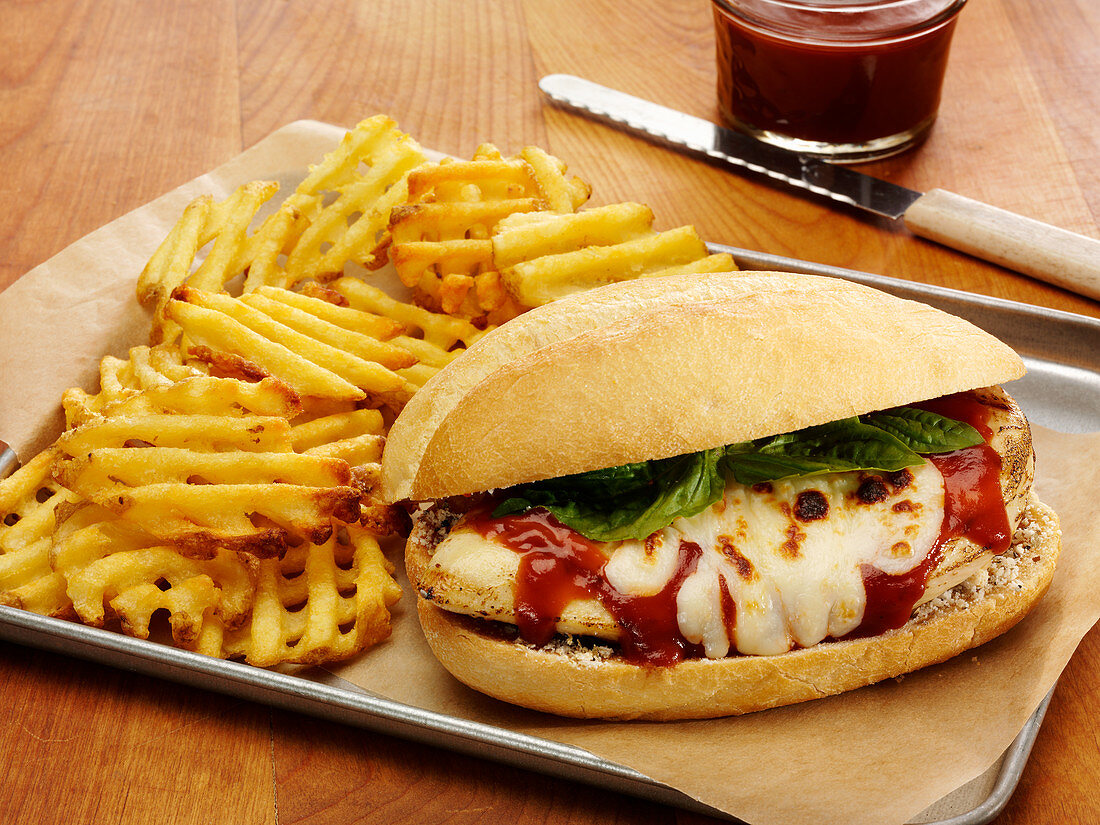 Grilled chicken breast Pizza Burger with BBQ sauce, mozzarella cheese and basil