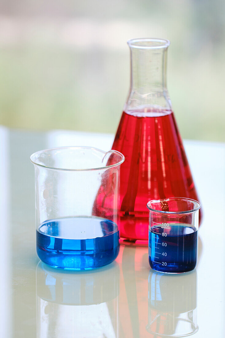 Glass flasks with liquids in a laboratory