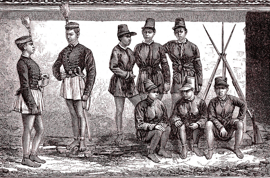 King of Siam's bodyguards, 19th century illustration
