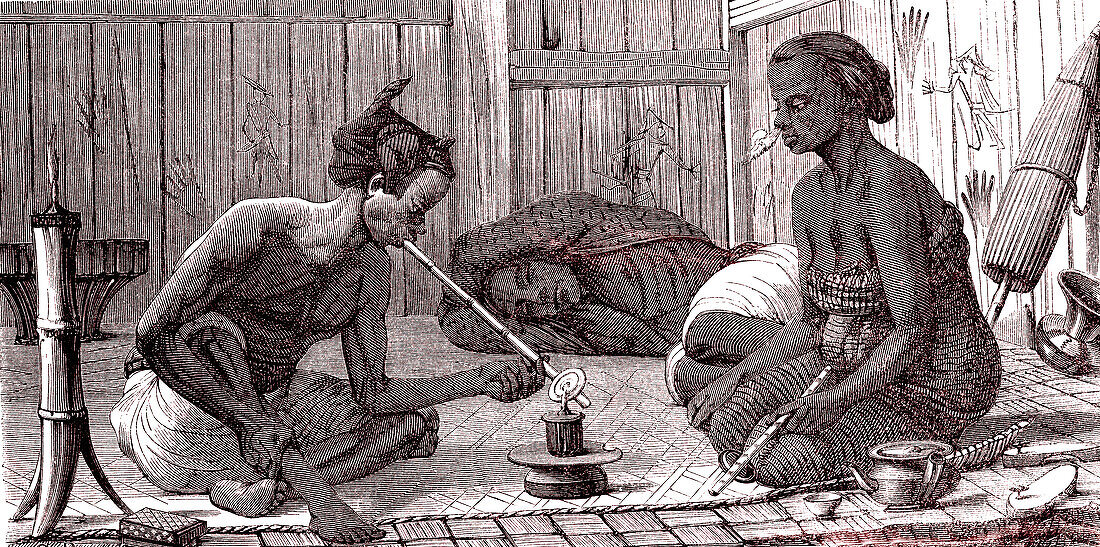 Opium smokers, Malaysia, 16th century illustration