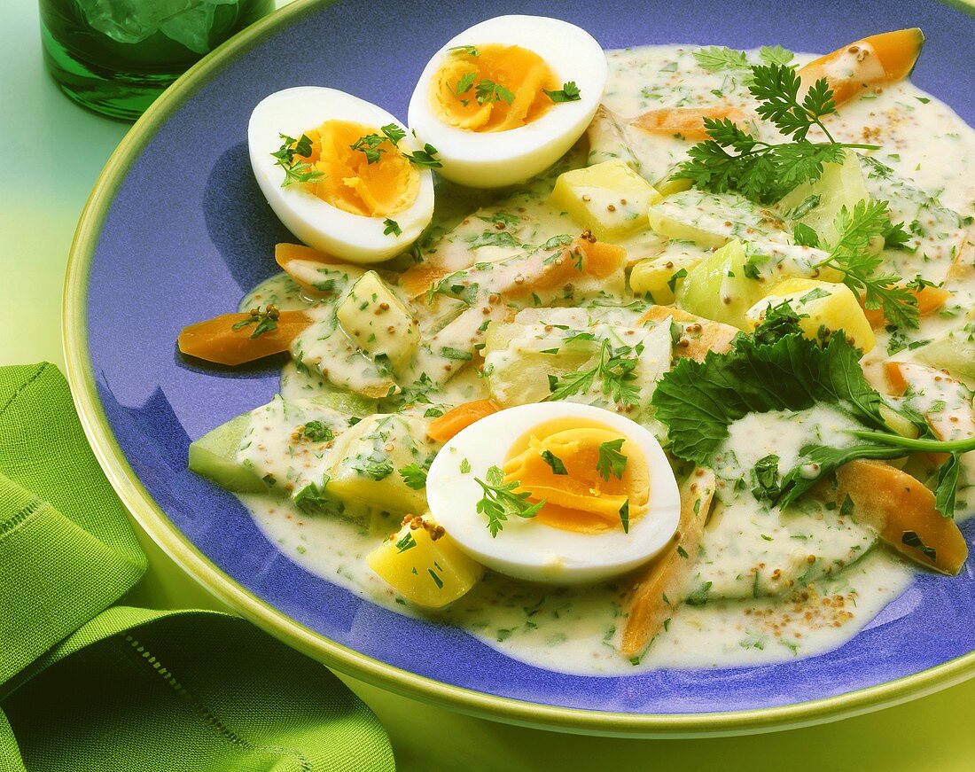 Mixed vegetables with light herb sauce and eggs