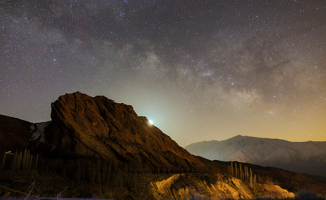 Milky Way and Moon rising over Alamut Castle, Iran