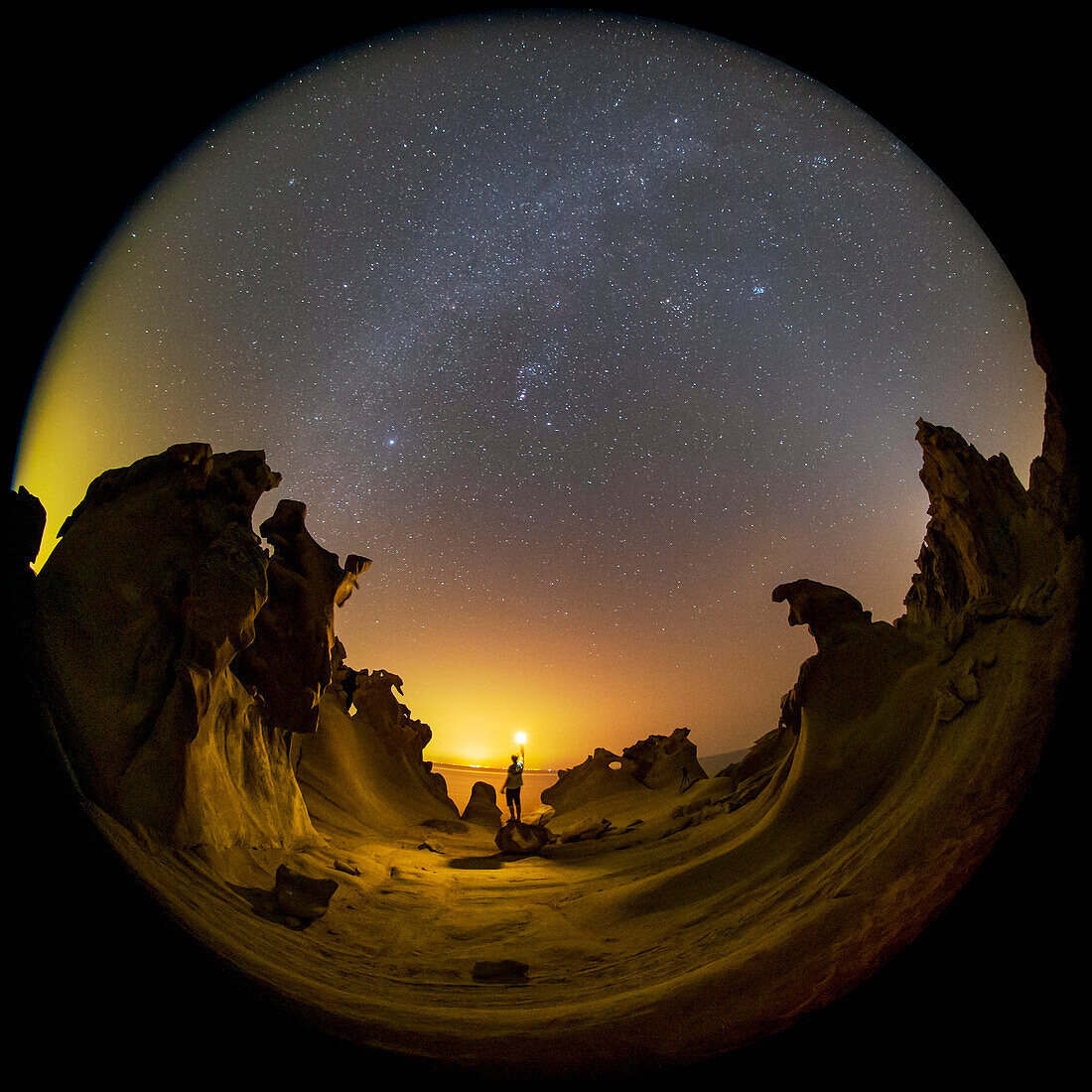 Night sky over rock formations, Persian Gulf coast, Iran