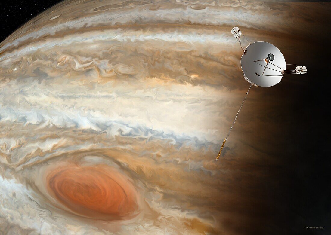 Pioneer 10 space probe passing Jupiter, illustration