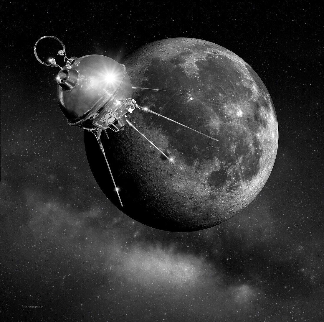 Luna 1 spacecraft passing the Moon, illustration