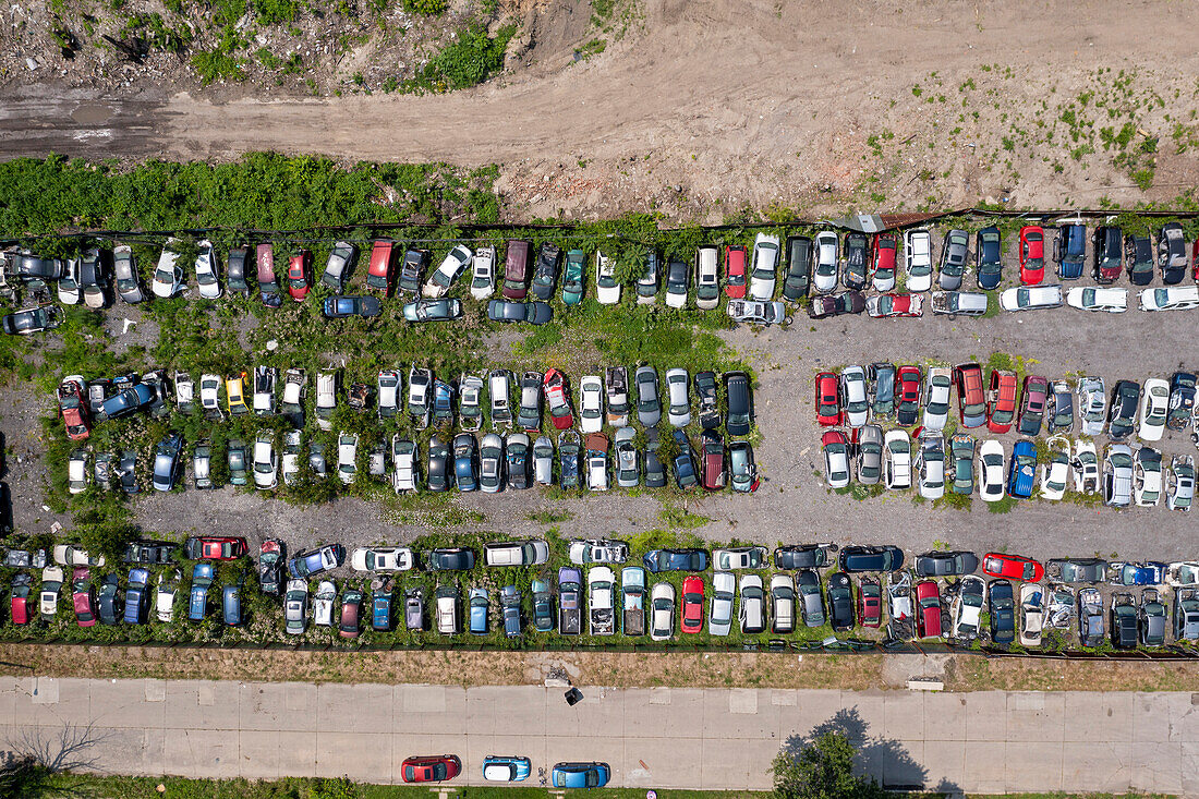 Automobile junk yard, aerial photograph