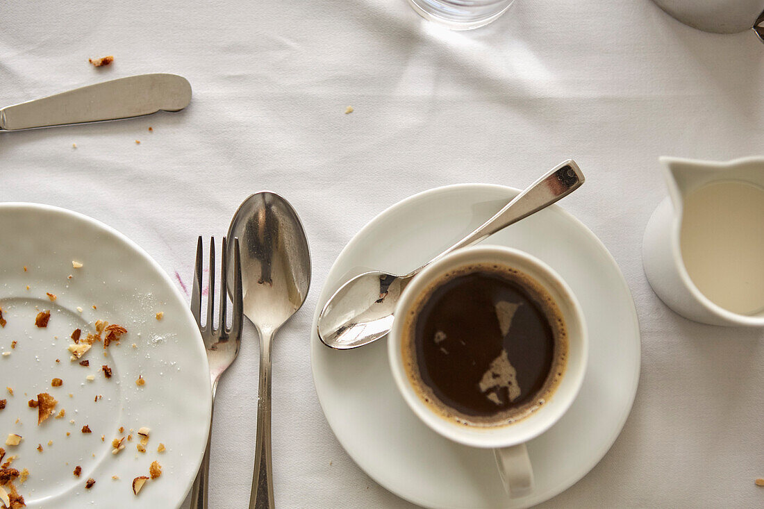 Eine Tasse Kaffee und leergegessener Teller