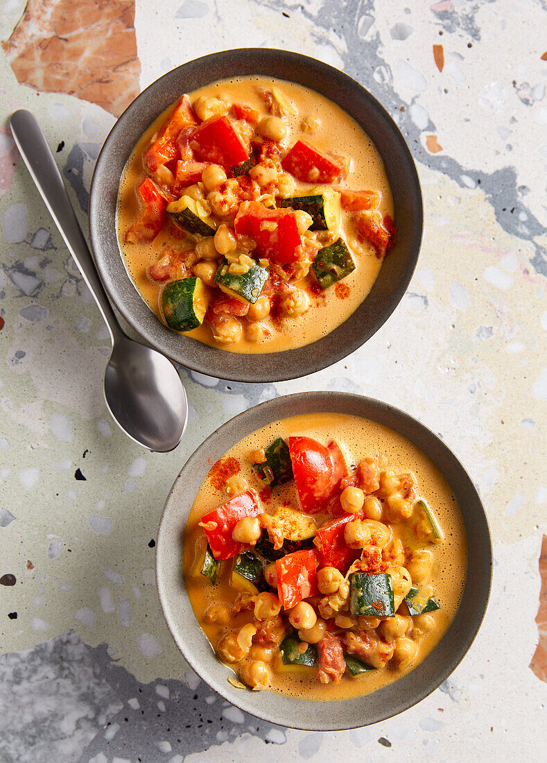 Vegan curry with chickpeas, peppers and courgettes