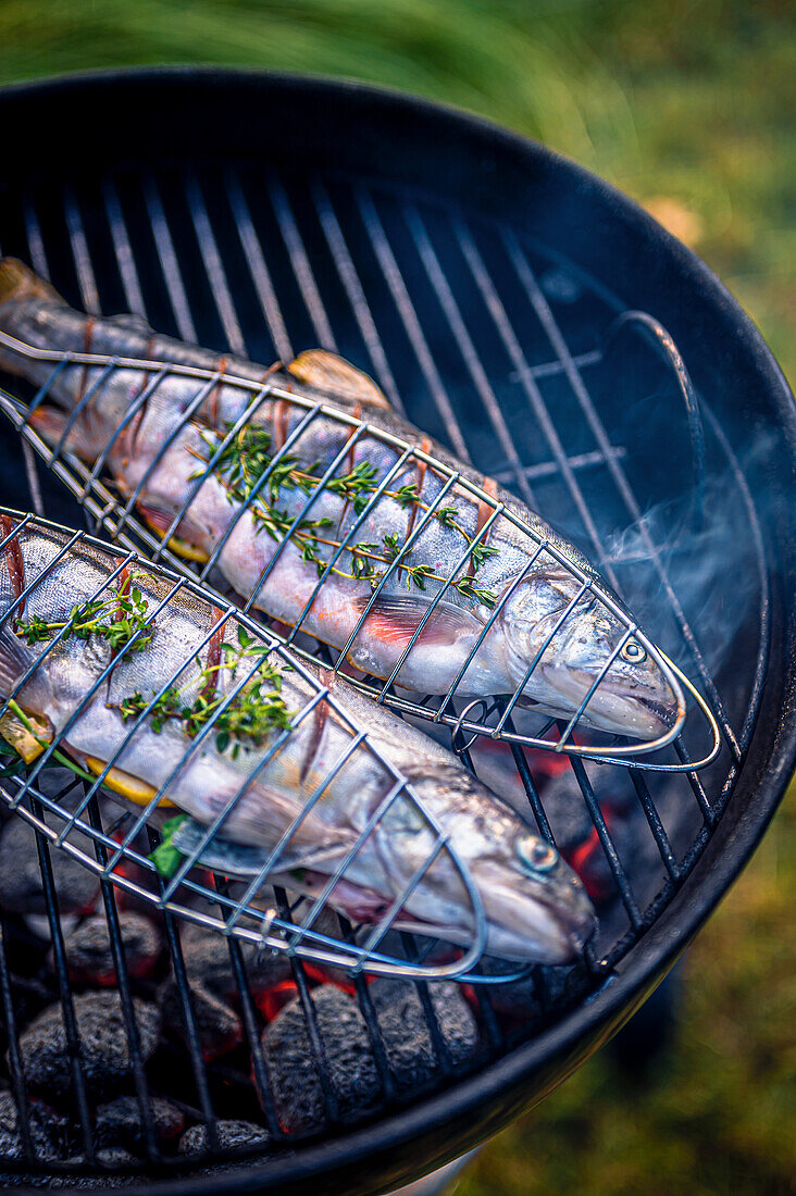 Grilling fresh trout with lemon and herbs in the fish grilling baskets