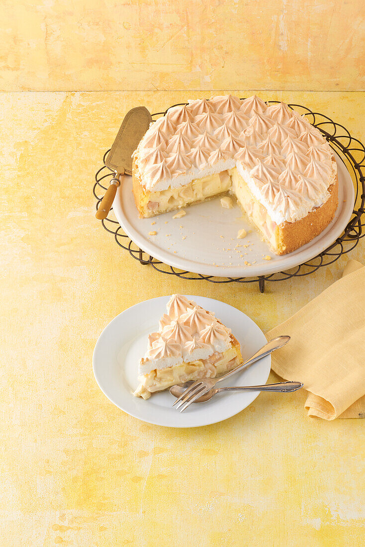 Rhubarb custard cake with meringue topping