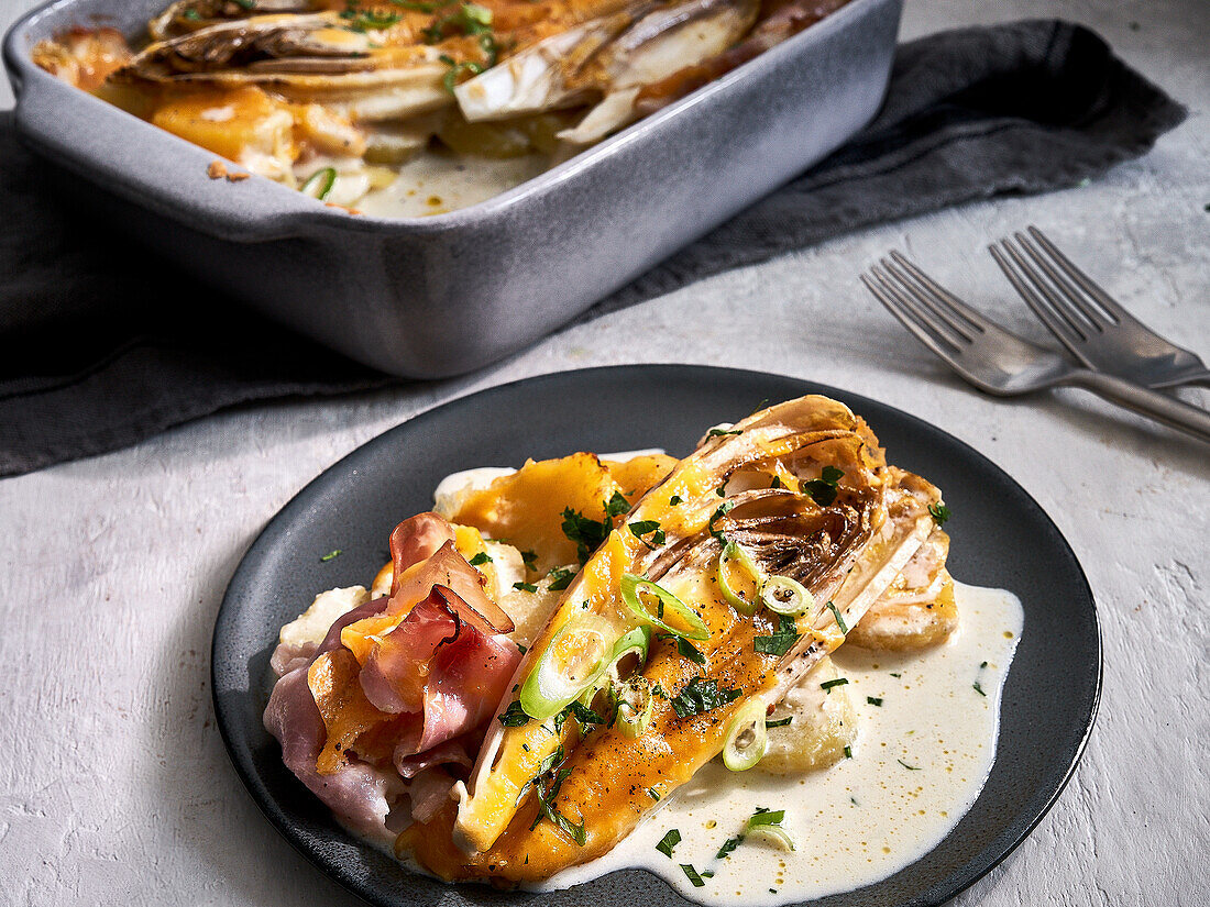 Chicory casserole with ham