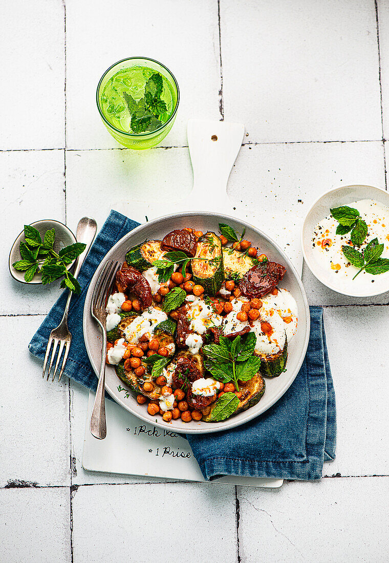 Grilled courgettes with roasted chickpeas