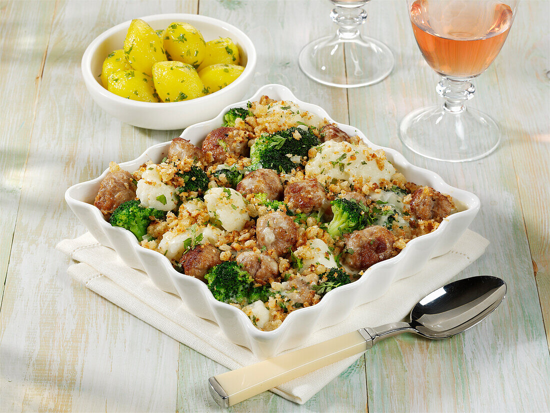 Broccoli and cauliflower gratin with salsiccia