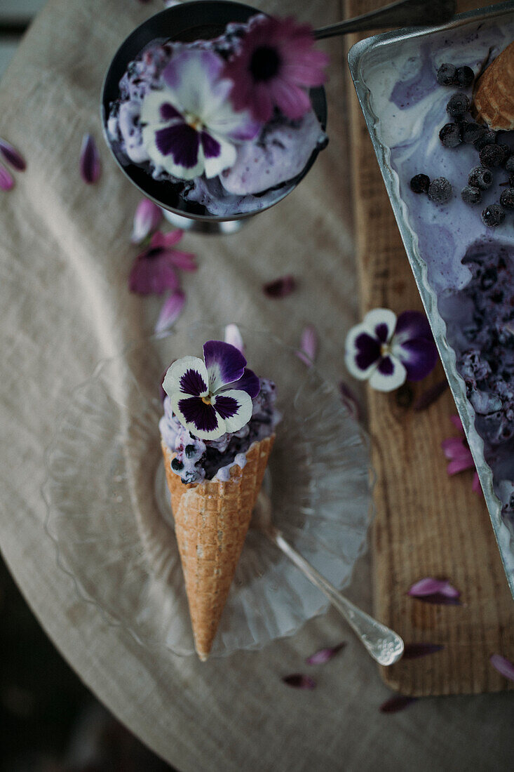 Blueberry ice-cream in cone