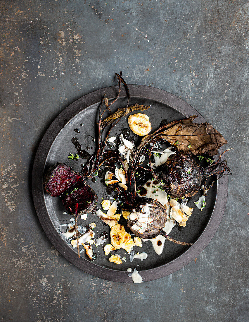 Charred beetroot with banana and coffee oil