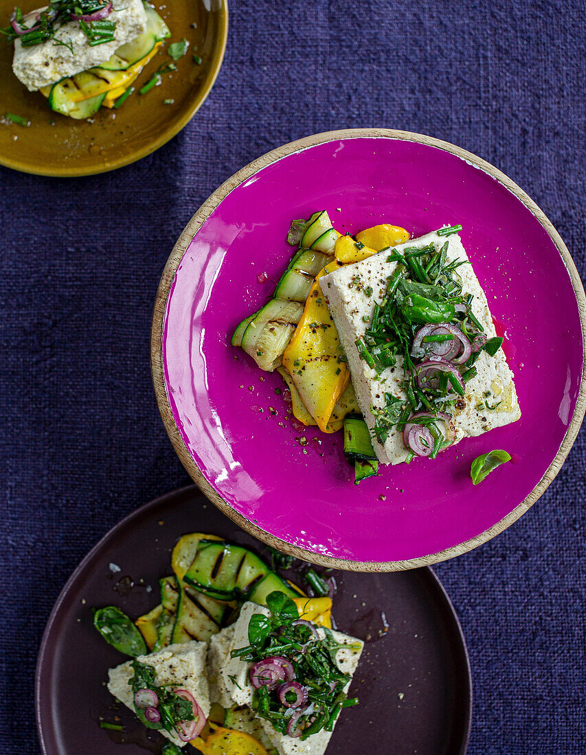 Vegan almond 'feta' with courgette in a herb marinade