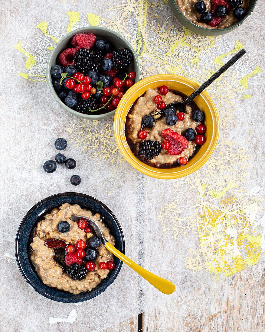 Mocha rice pudding with berries and cardamom syrup