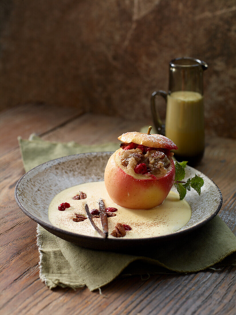 Stuffed baked apple with crème anglaise