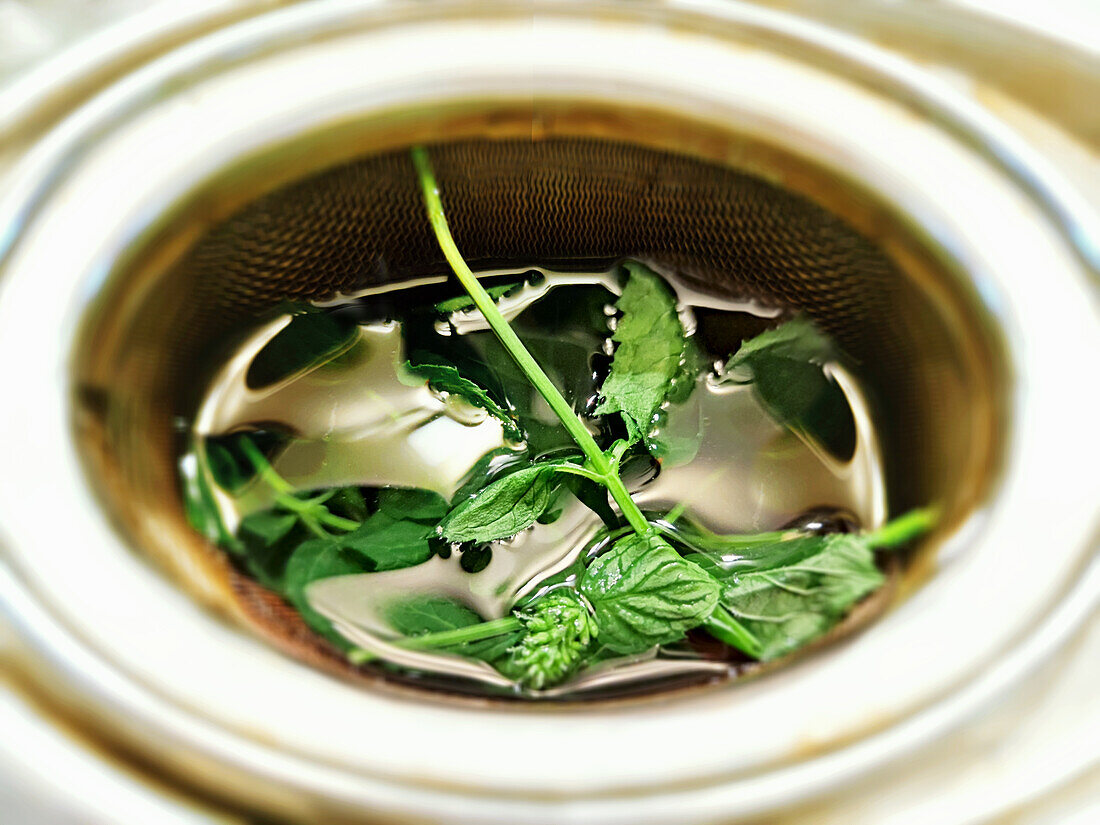 Mint tea brewed in a tea strainer