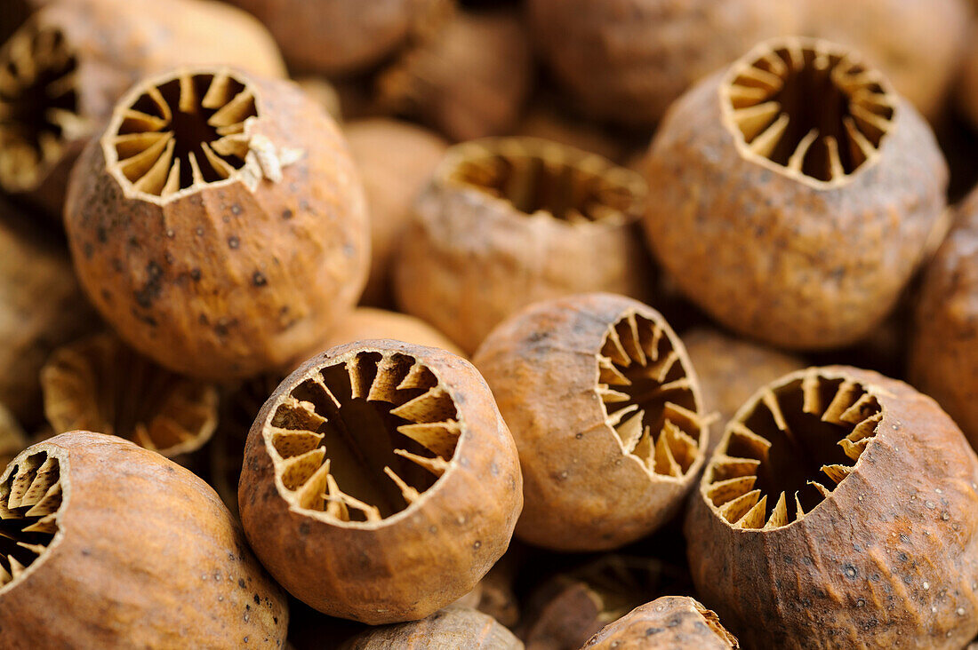 Sliced, dried poppy seed pods