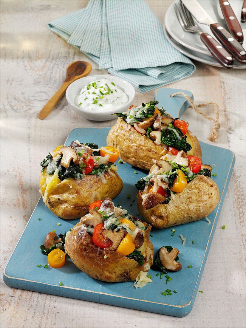 Baked potatoes filled with shiitake mushrooms, tomatoes, spinach and cheese