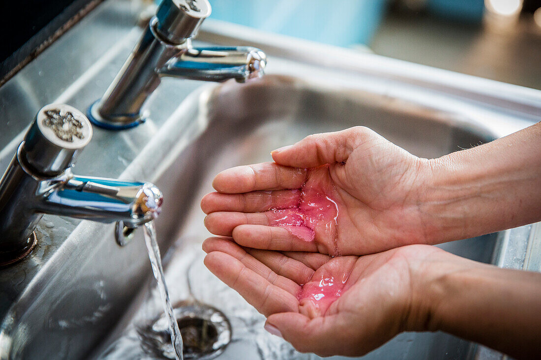 Close-up of woman s hands with soap, Devon, England, UK