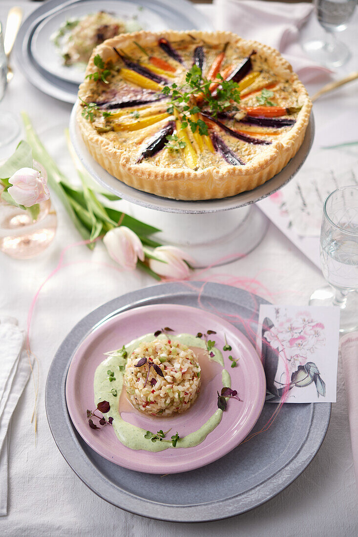 Radish and asparagus tartare and a carrot quiche