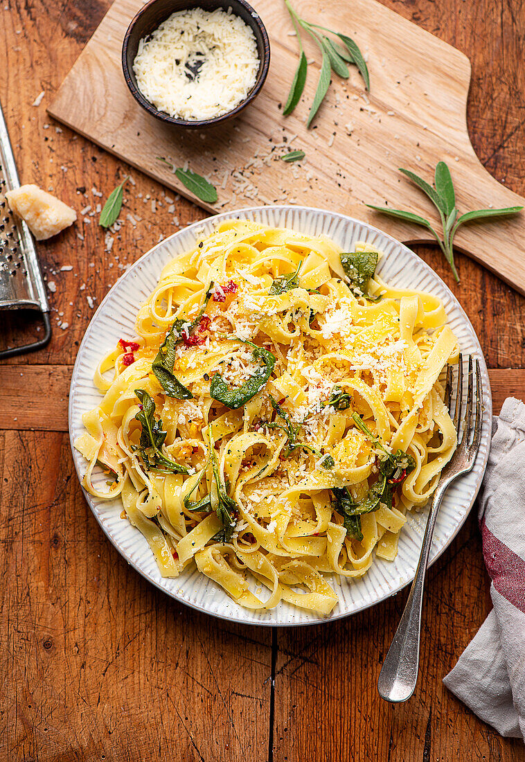 Sage pasta with chilli and parmesan