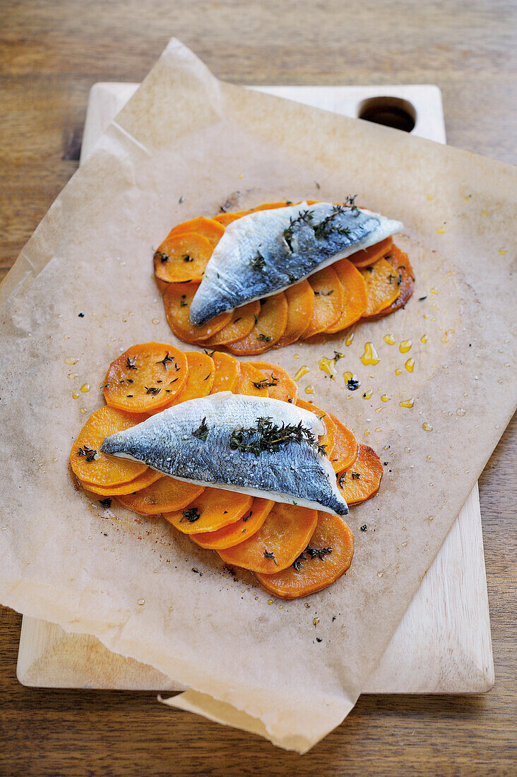 Doradenfilets mit Süßkartoffeln aus dem Ofen