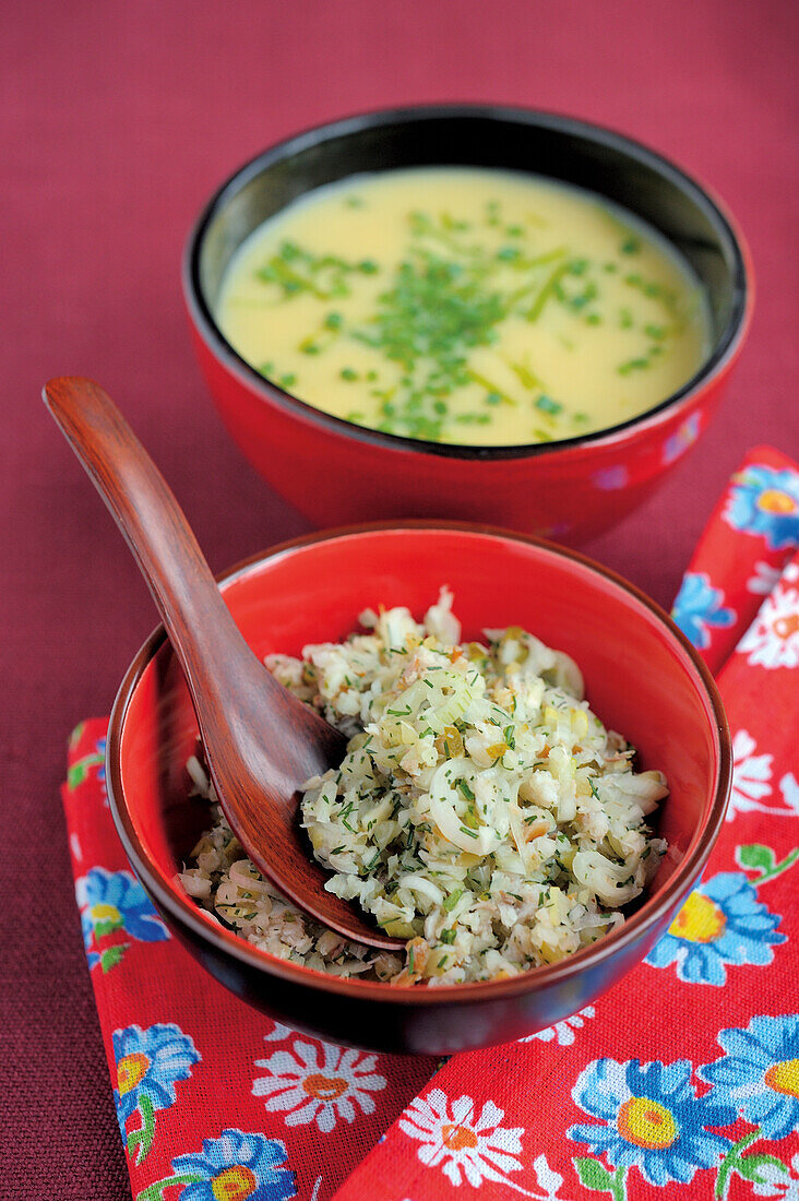 Lemongrass potato soup and fennel mackerel tartare
