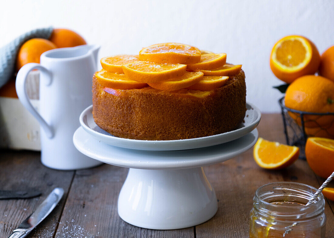 Orange cake served with candied oranges