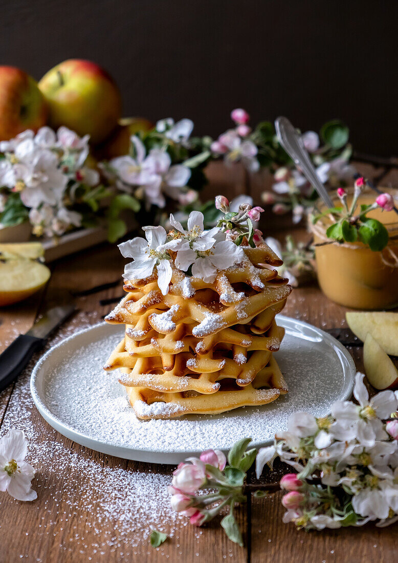 Vanilla waffles with icing sugar and apple sauce