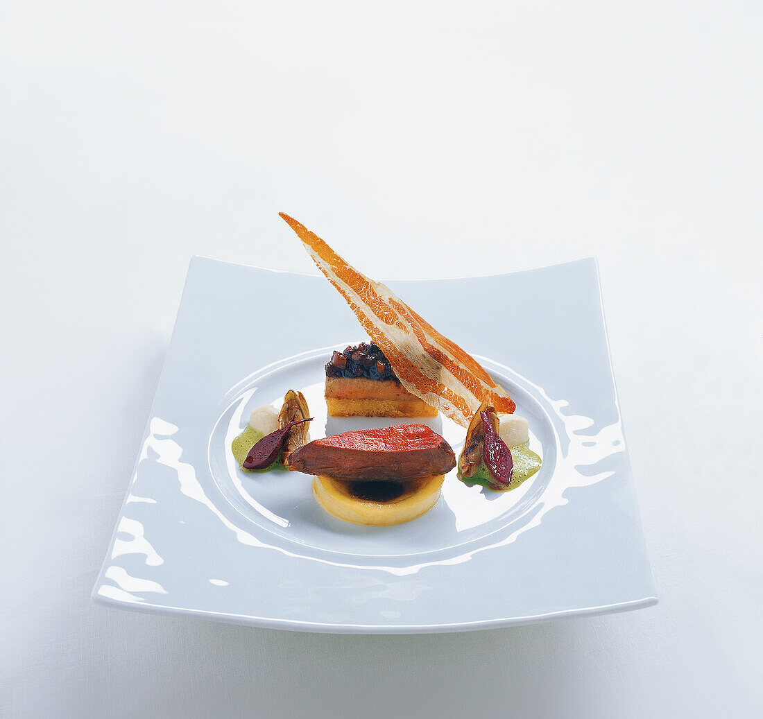 Melatte pigeon breast on amarone butter with parsnip cream and brioche sandwich