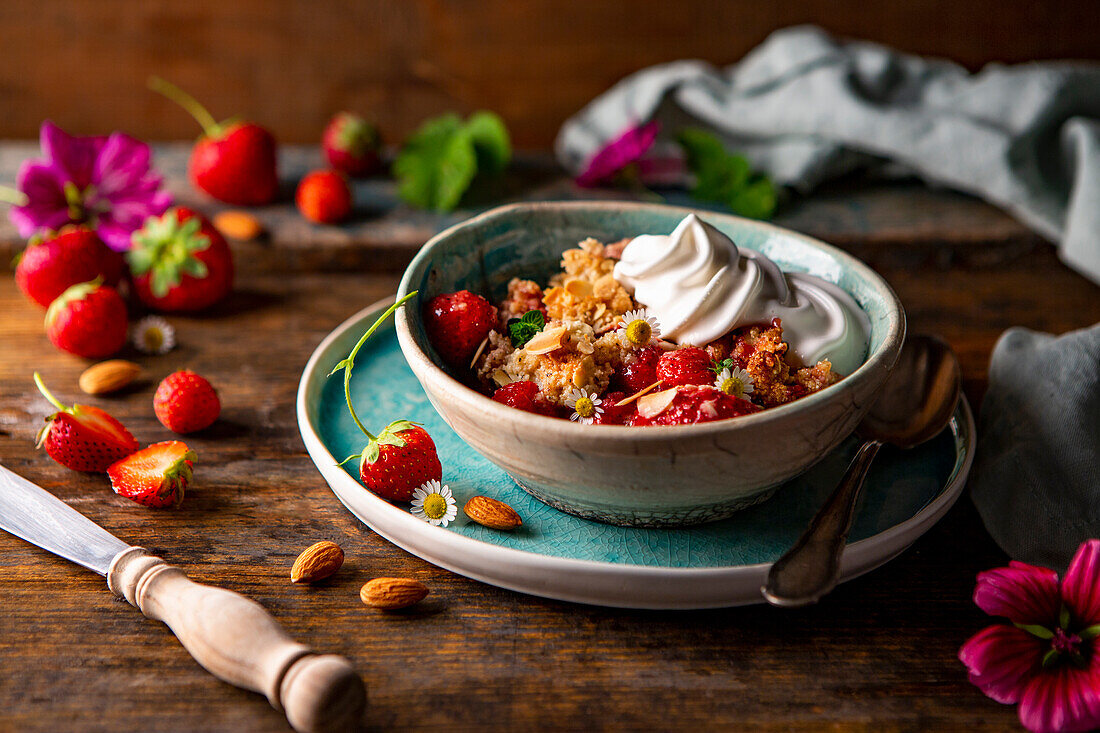 Almond and strawberry crumble