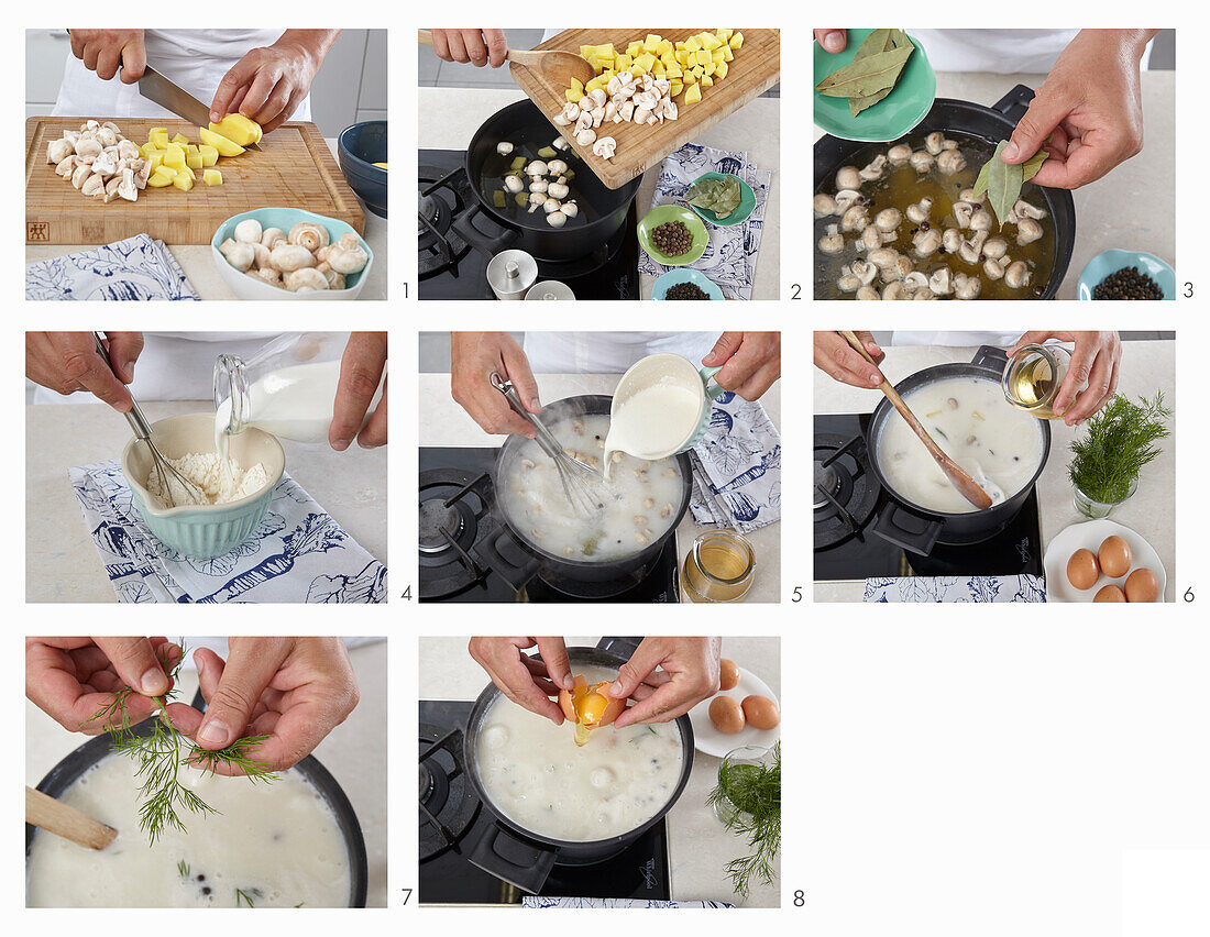 Altböhmische Dillsuppe mit pochiertem Ei zubereiten