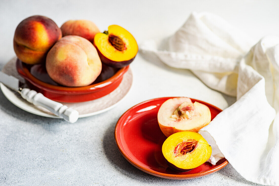 Ripe and healthy peach fruits in the bowl