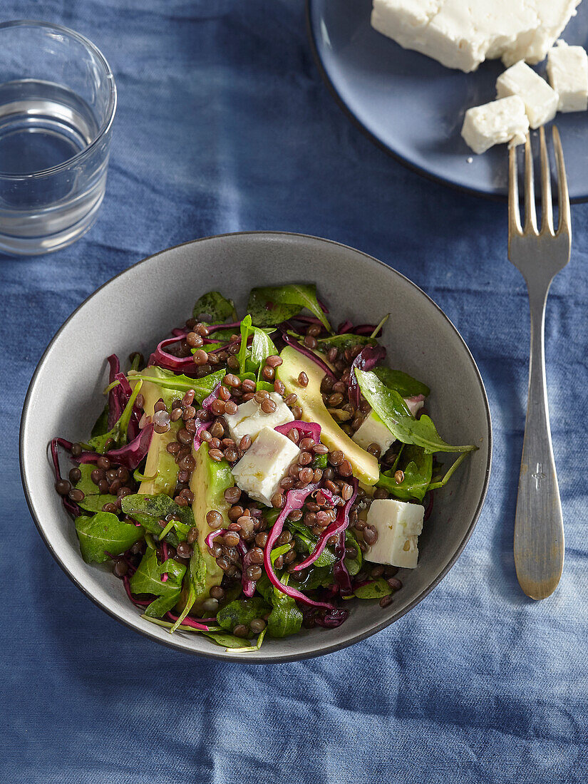 Beluga lentils salad with feta cheese