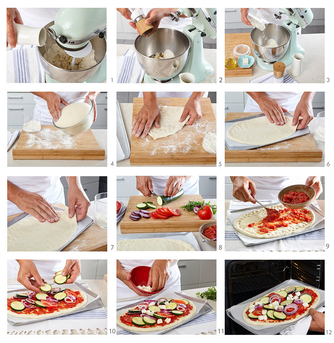 Pizza mit Zucchini und Tomaten zubereiten