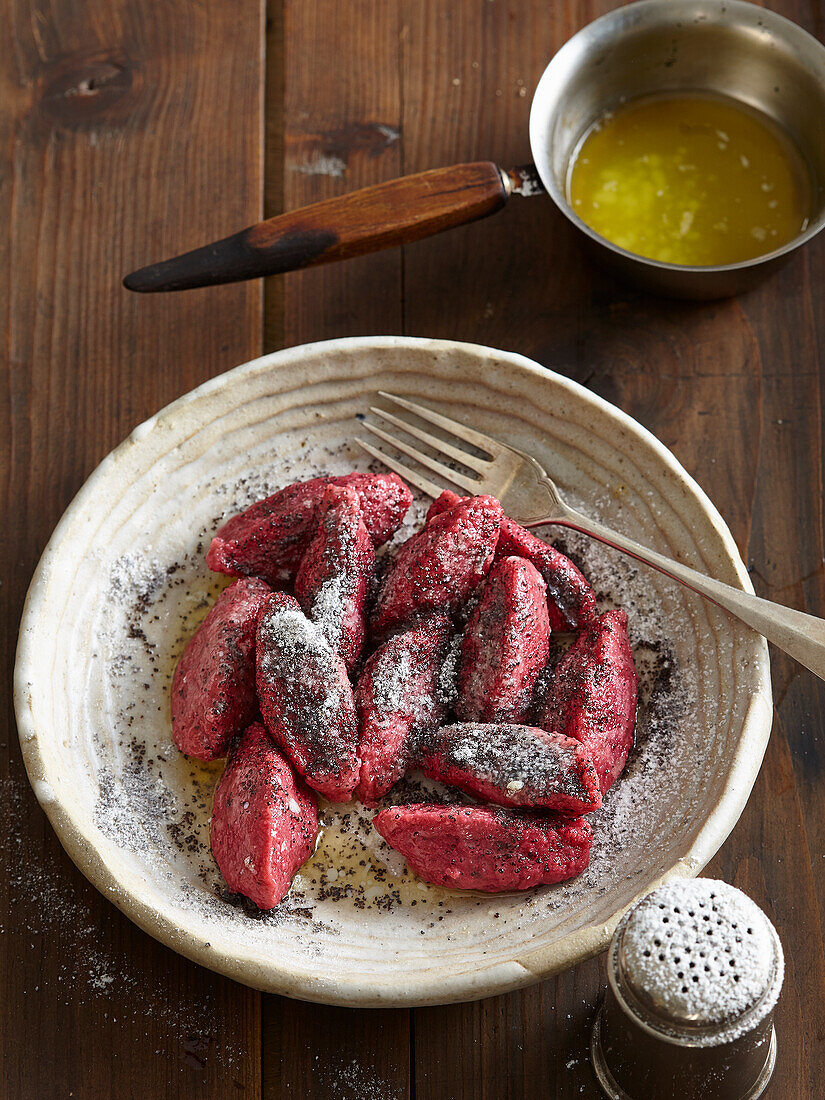 Beetroot gnocchi with poppy seed