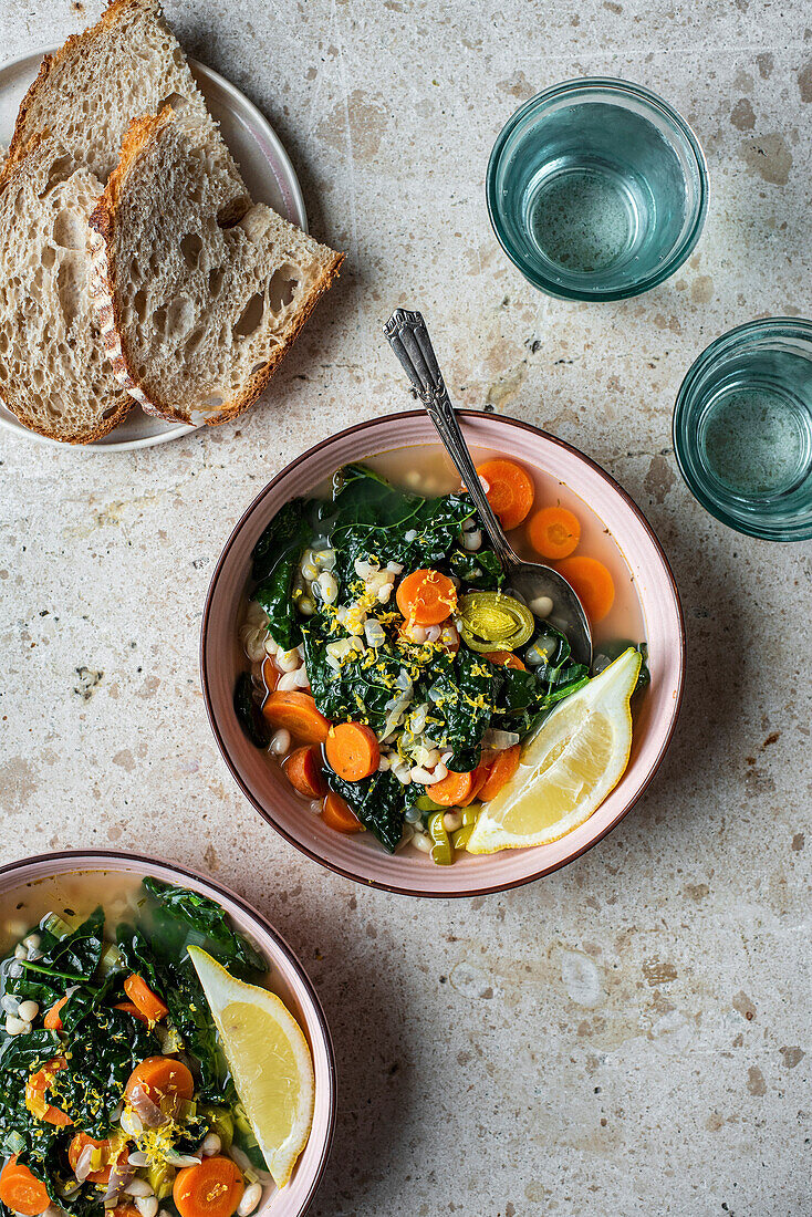 Kale White Bean healthy Soup in a bowl
