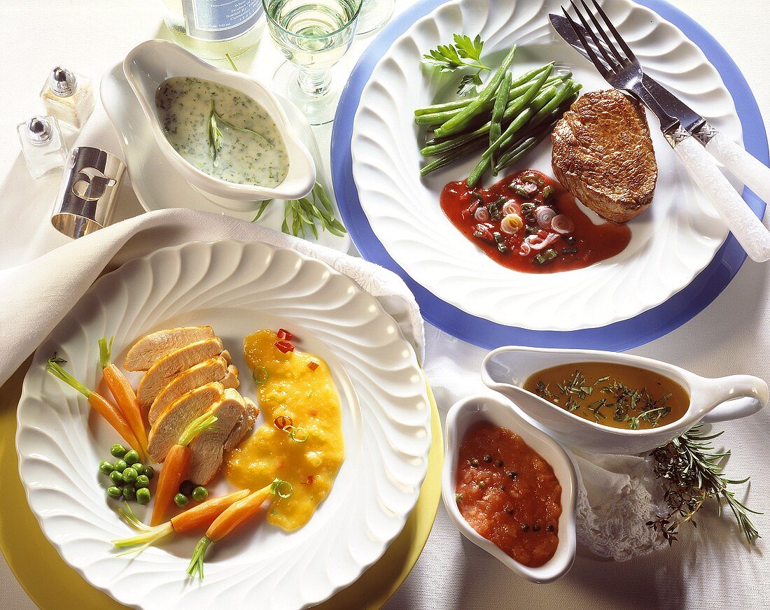 Chicken breast with spicy mango puree; beef steak with beans