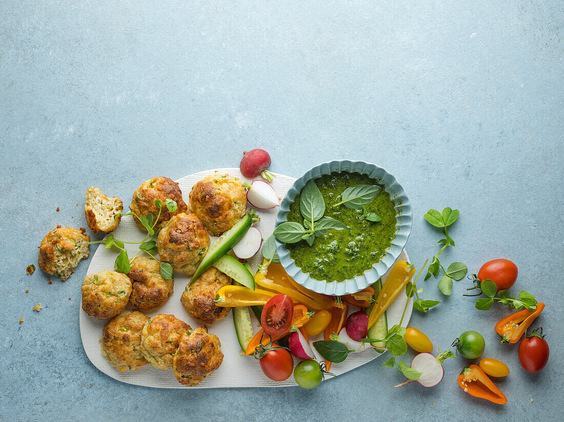 Low Carb Zucchinipuffer mit Basilikum-Hanf-Pesto