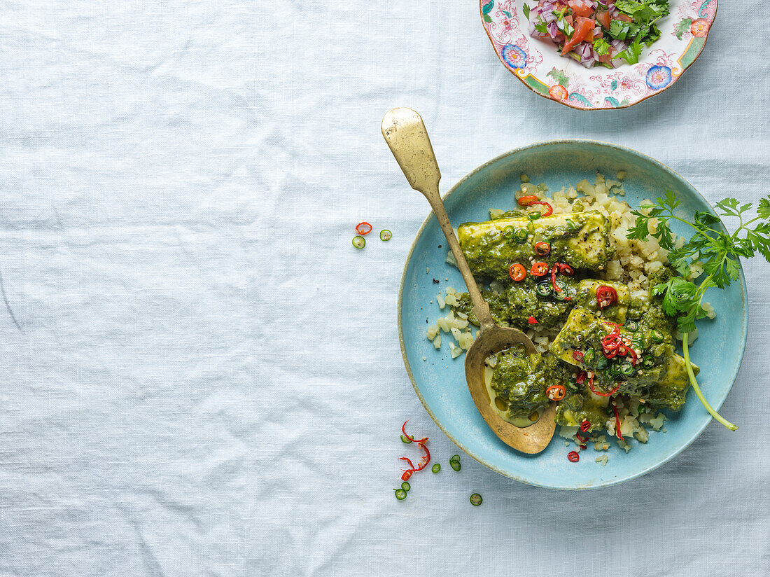 Palak Paneer, indian cuisine, on a blue plate